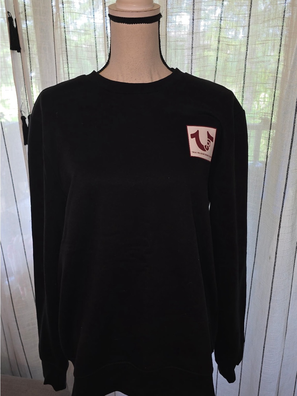 True Religion Black Crewneck Sweatshirt with Burgundy Logo Patch